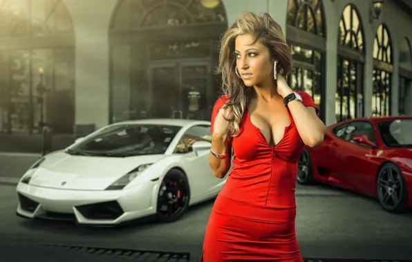 Picture Lamborghini, Girl, Ferrari, Gallardo, Model, View, Supercar, Red Dress