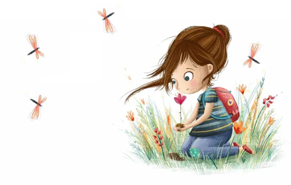 Picture summer, flowers, figure, art, girl, clearing, children's, illustrator