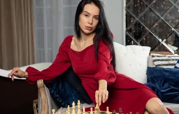 Long hair, model, chess, sexy woman, photoshoot, black hair, red dress, busty