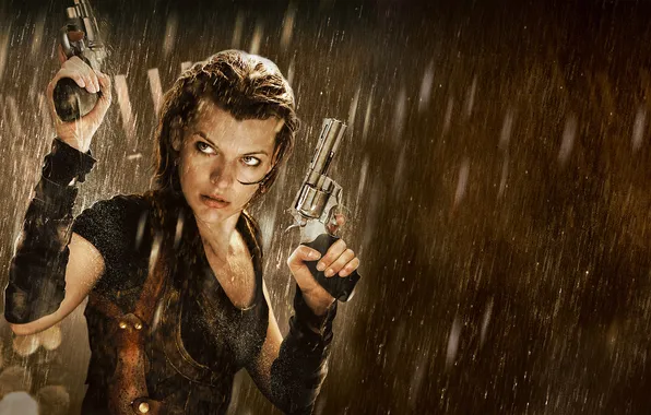 Girl, fiction, rain, guns, action, poster, Milla Jovovich, horror