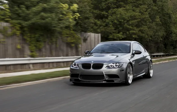 Road, trees, lawn, the fence, bmw, BMW, silver, road