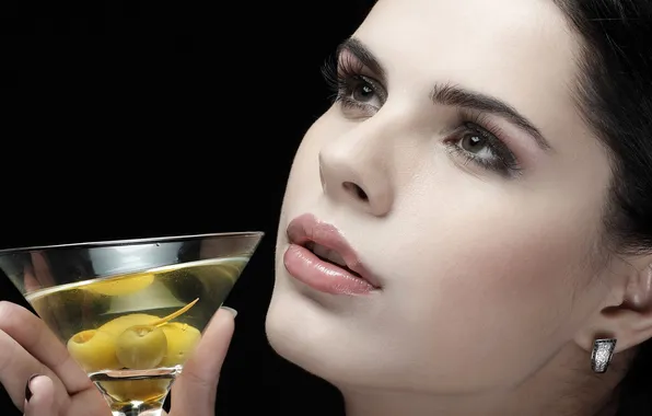 Picture look, face, glass, brunette, cocktail, olives
