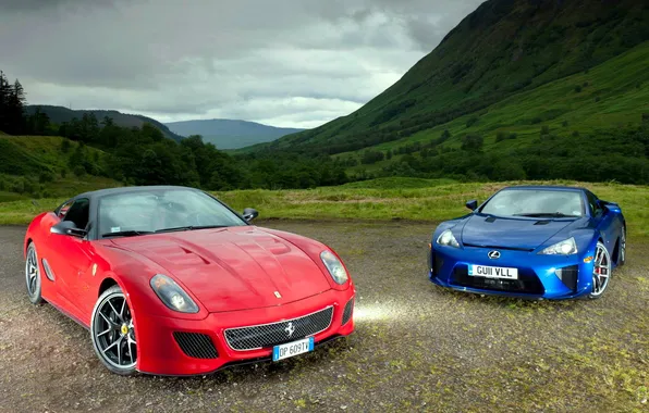 Red, blue, supercars, Lexus LFA, Ferrari GTO