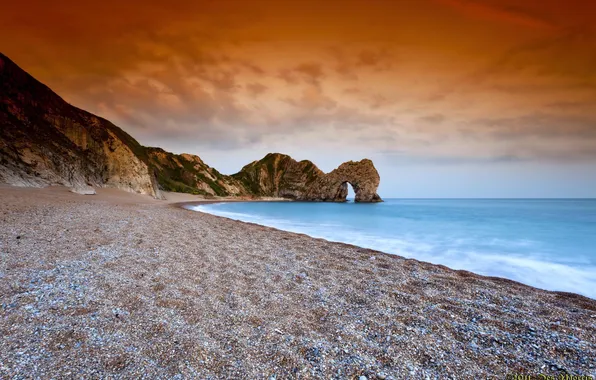 Sea, beach, the sky, rock, arch, orange