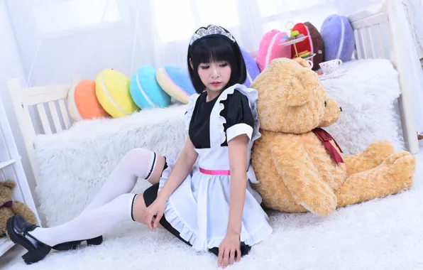 Beautiful, Asian, Model, Woman, Sofa, Pretty, Cosplay, Pillows