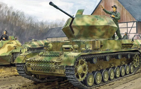 Figure, art, Ausf. G, APU, w/Zimmerit, Flakpanzer IV, German anti-aircraft self-propelled gun