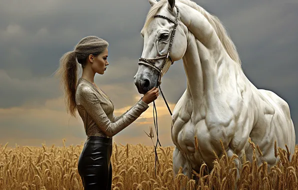 Picture girl, horse, horse, AI art, neural network
