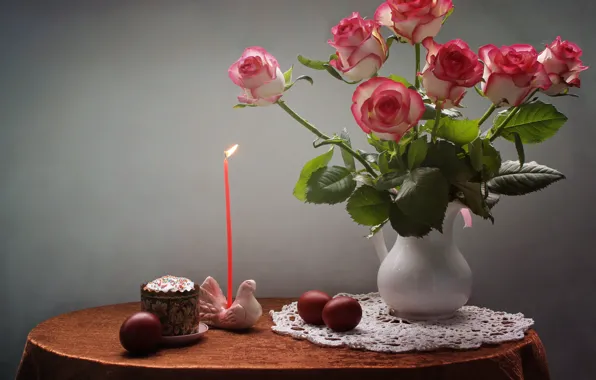 Flowers, table, holiday, dove, roses, candle, eggs, Easter