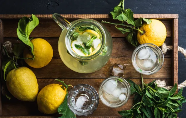 Ice, pitcher, mint, lemons, lemonade
