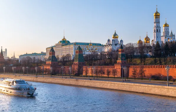 River, Moscow, tower, Russia, promenade, ship, temples, The Moscow river