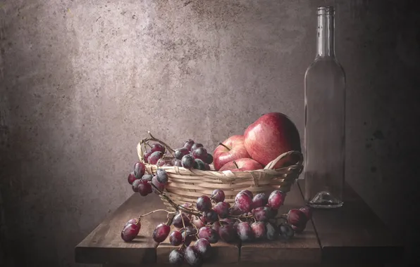 Glass, table, wall, apples, bottle, food, grapes, fruit
