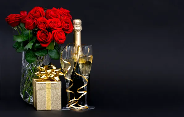 Picture flowers, gift, glass, champagne, Lili Graphie