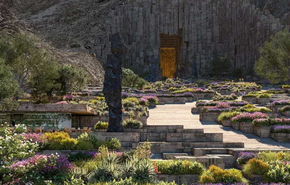 Garden, stones, cave, neom, saudi arabia, architecture workshop, utamo