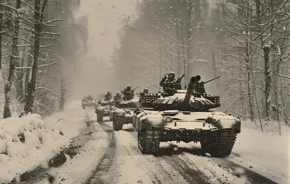 Picture Winter, Road, Trees, Snow, Retro, Tanks, Front, Digital art