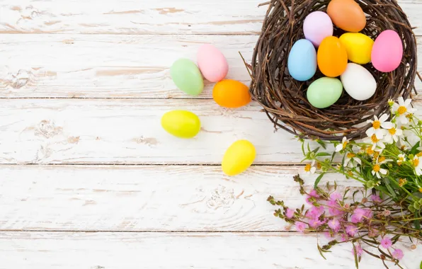 Flowers, basket, eggs, spring, colorful, Easter, wood, flowers