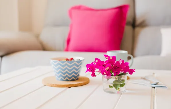 Picture flowers, berries, coffee, bouquet, Breakfast, vase, oatmeal