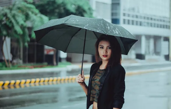 Picture girl, rain, street, umbrella