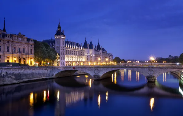 Picture light, bridge, the city, lights, reflection, river, castle, France