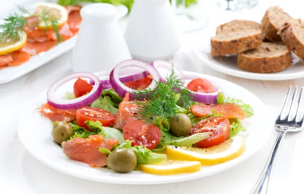 Lemon, bow, dill, tomatoes, olives, salad, spices, salmon