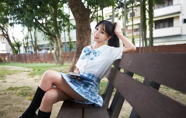 Girl, Asian, bench