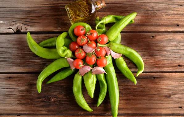 Board, wet, pepper, vegetables, tomatoes, the view from the top, garlic, bottle