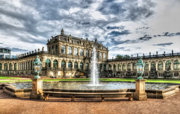 Clouds, HDR, Germany, Dresden, fountain, architecture, Sunny, Palace
