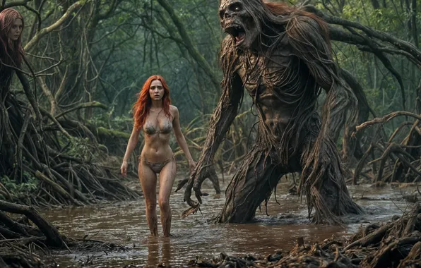 Forest, girl, monster, puddle, fantasy, neural network, ai art