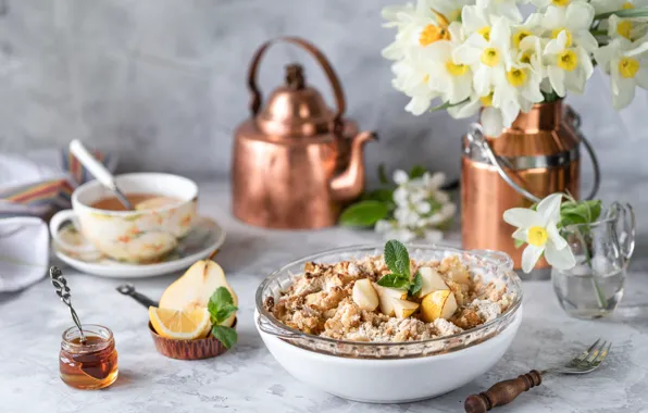 Picture flowers, bouquet, honey, still life, pear, dessert, baked, Karina Klachuk