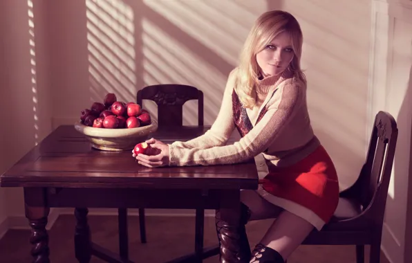 Kirsten Dunst, apples, skirt, boots, makeup, figure, actress, hairstyle