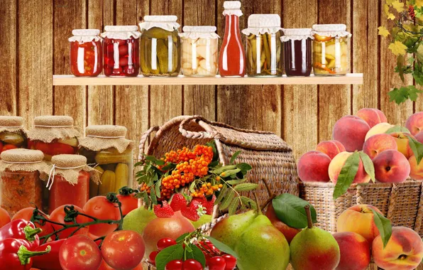 Banks, peaches, tomatoes, pear, tomatoes, Still life, billet, pickles
