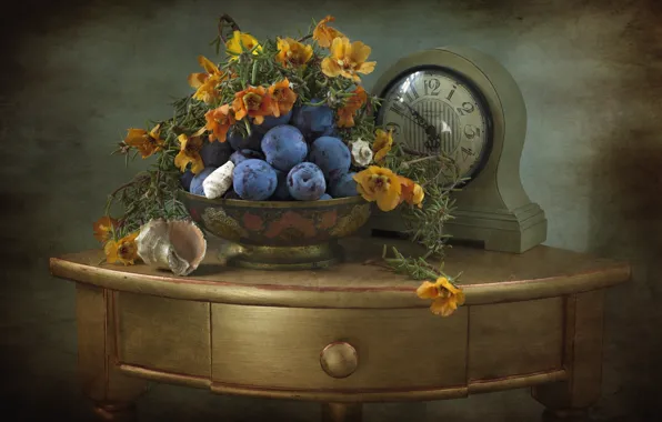 Watch, shell, still life, plum, table, marigolds