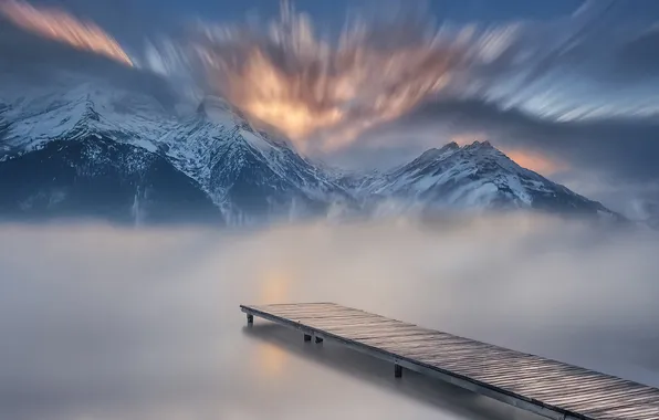 Landscape, mountains, fog, lake