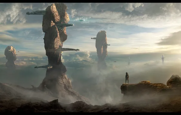 Picture the sky, landscape, fiction, rocks, people, planet, the suit