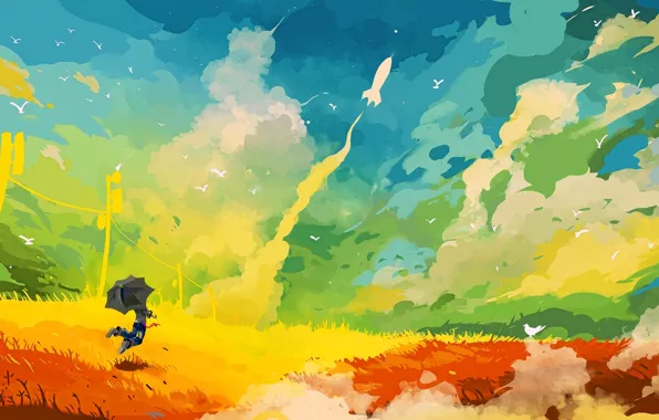 Picture field, the sky, grass, clouds, joy, jump, bird, figure