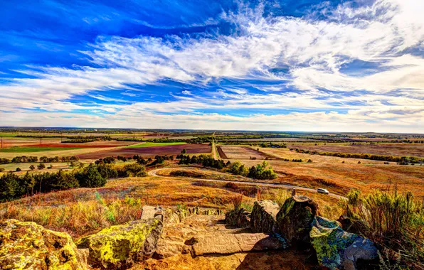 Road, field, the sky, the sun, clouds, trees, stones, horizon
