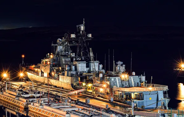 Night, ship, pier, large, anti-submarine, Vice Admiral Kulakov