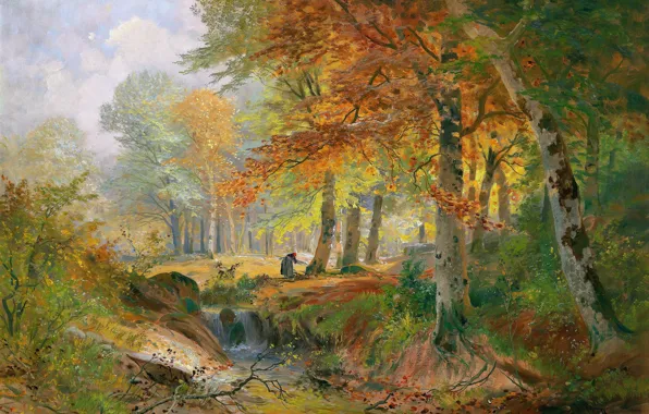 Trees, Stream, Picture, Alois Arnegger, Autumn forest, Alois Arnegger, Austrian painter, Grandma