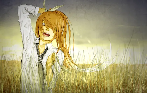 Picture field, grass, sunset, emotions, hair, art, tie, tape