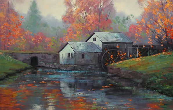 Picture forest, river, figure, art, artsaus, the water wheel