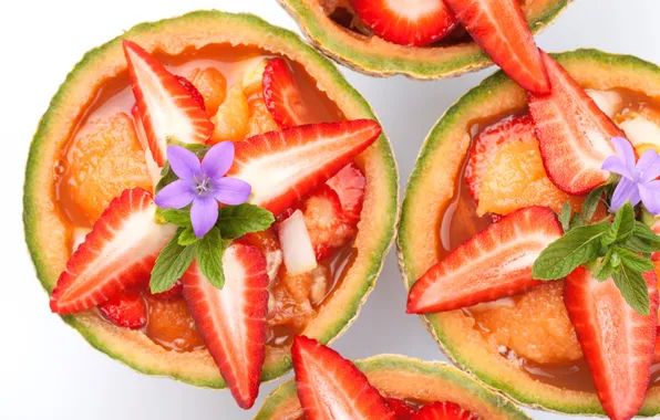 Strawberry, dessert, melon, strawberry, melon, dessert, fruit salad, mint leaves
