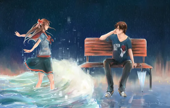 Water, girl, bench, umbrella, wave, guy