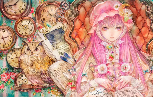 Watch, books, gear, bows, cap, owl, ruffles, pink hair