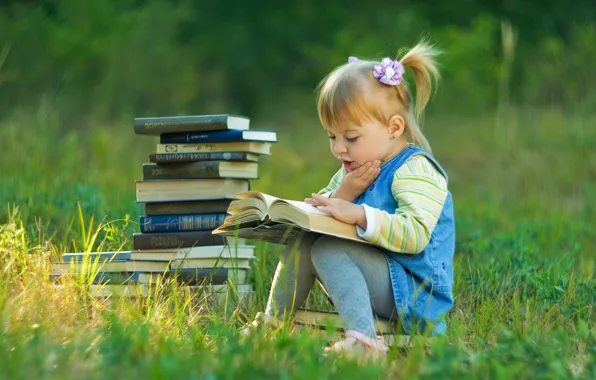 Books, girl, stack, reading, literature