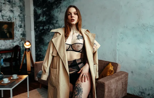 Chest, look, sexy, pose, sofa, wall, model, body