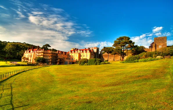 The sky, grass, clouds, house, castle, slope, fortress, Exmoor