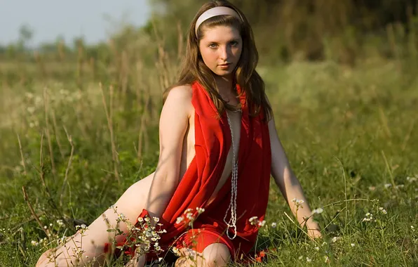 Girl, grass, sexy, cleavage, green eyes, long hair, legs, trees