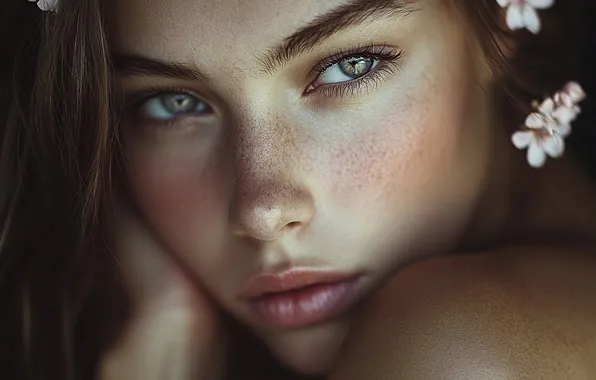 Girl, flowers, close-up, face, portrait, freckles, shoulder, Rus