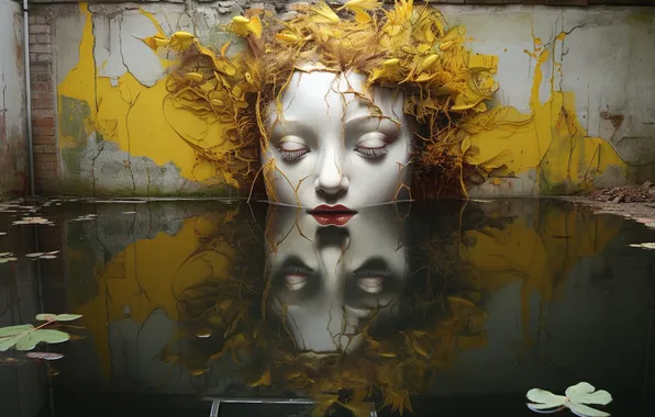 Water, girl, face, eyelashes, reflection, wall, graffiti, paint