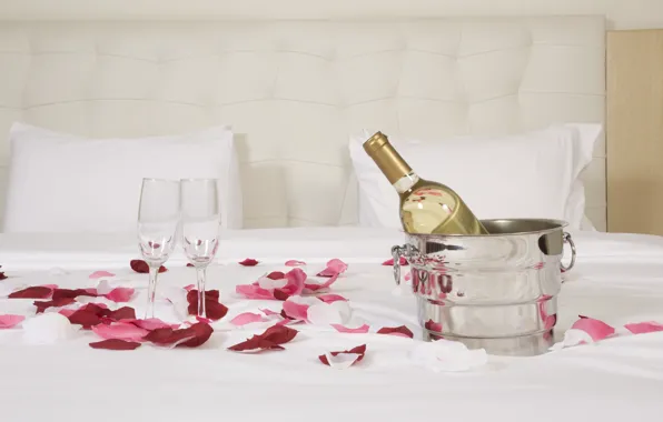 Wine, glass, bottle, bed, pillow, petals, bucket, bed