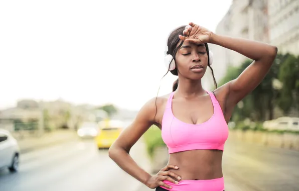 City, the city, fatigue, athlete, gesture, pink top, athlete, gesture